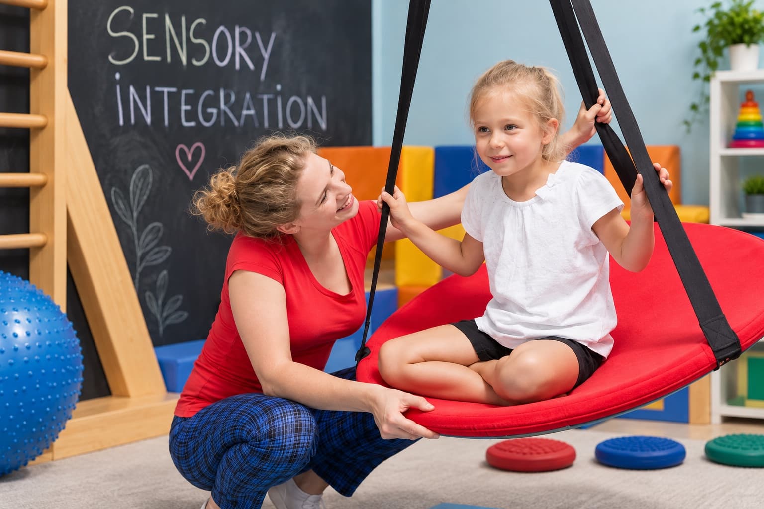 A girl sitting cross-legged on a round red sensory swing while an adult steadies it