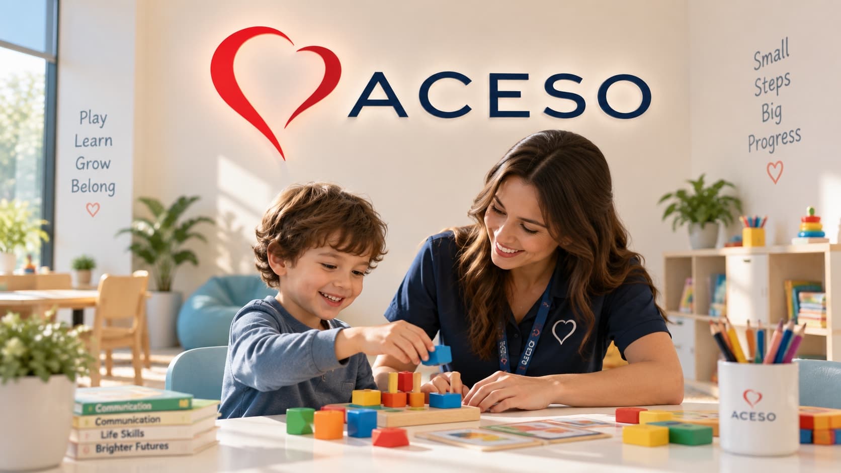 A therapist and a young boy fitting colorful blocks into a shape board at a table, beneath an illuminated ACESO sign