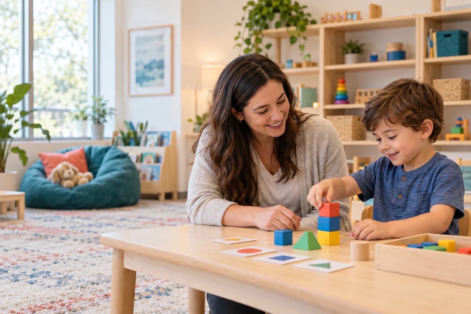 A smiling therapist and a young boy stacking colorful blocks at a low table in a bright playroom